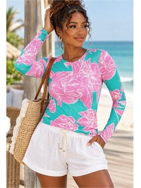 HAPTICS Preppy Love Aqua/Pink Fitted Floral Print Top Long Sleeve MEDIUM